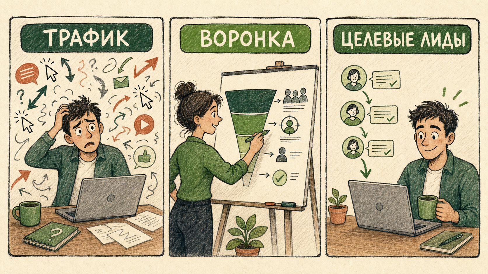 Рисованный комикс: трафик, воронка и целевые лиды